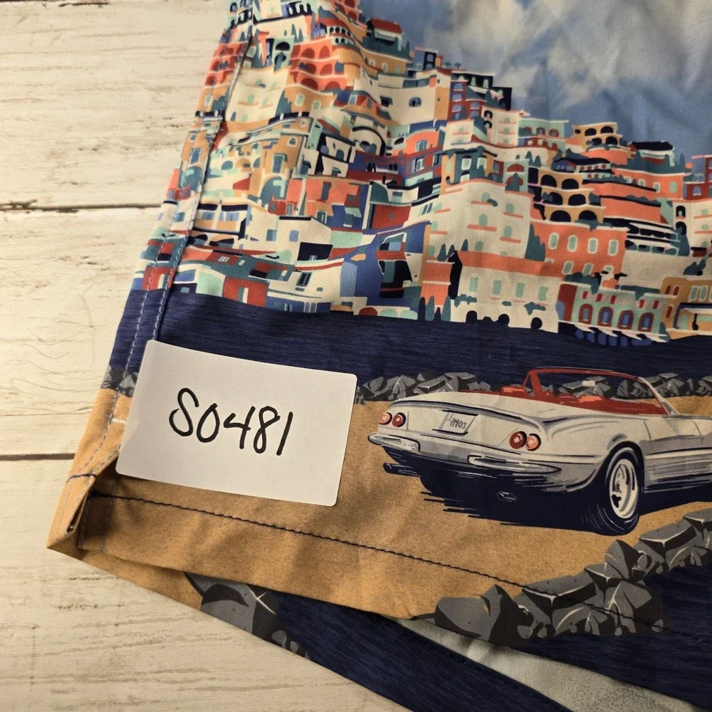 Peter Millar Seaside Mens Blue Coastal Village Scenic Print Swim Trunks Size M